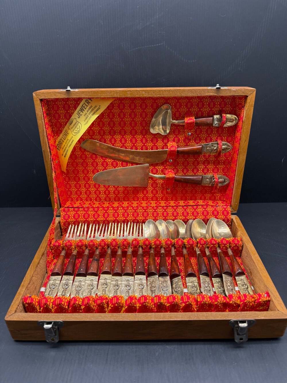 Fortune Jewelry Bangkok Siam Brass 19 PCS Dessert Flatware Set Lined Wood Box